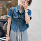  Áo Sơ Mi Jean Sisi Crop Tay Lật Tua Lai Mã 5063 