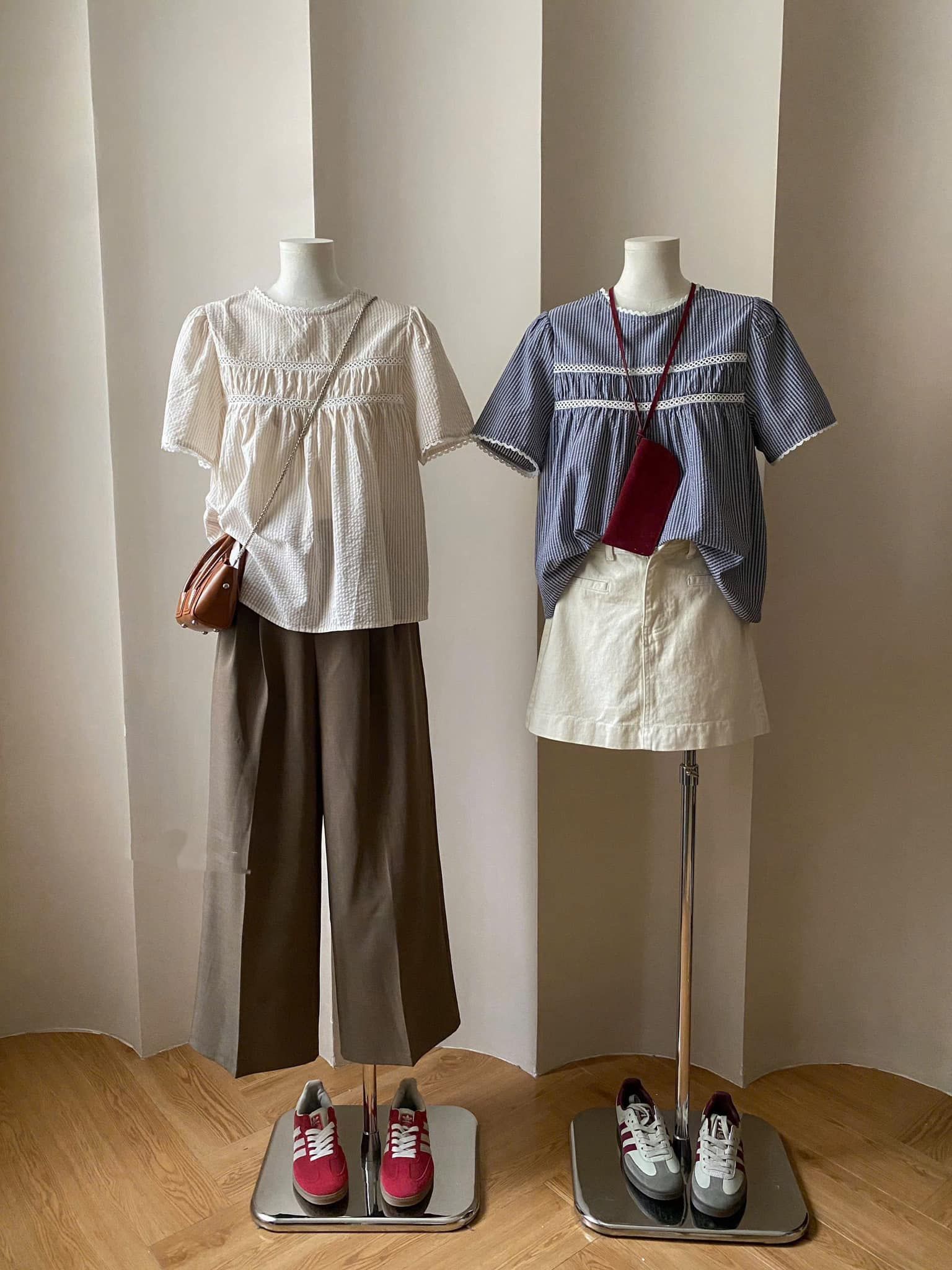  Áo babydoll ngắn tay sọc vải phối ren mã A747 
