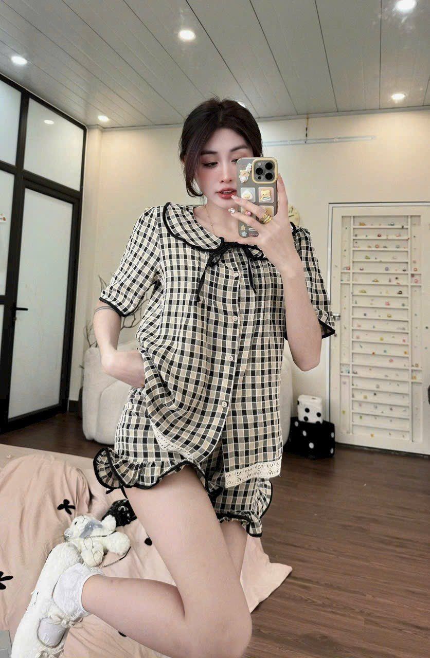  Bộ Đồ Mặc Ngủ Cổ Bèo Kẻ ô Viền Ren XONXEN SHOP Mã 254 