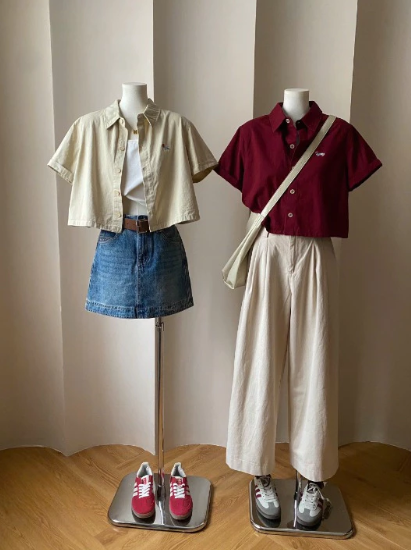  Áo sơ mi crop ngắn tay kaki thêu chó mũ đỏ XONXEN SHOP mã A735 