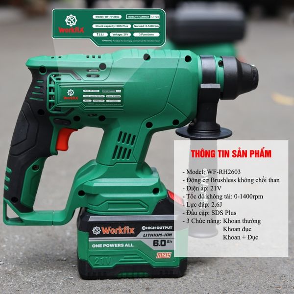 Khoan Đục Bê Tông WORKFIX 2,6J  WF-RH2603, Khoan 3 Chức Năng (KHOAN - BÚA - ĐỤC), Máy Khoan Bê Tông Pin Ba Chức Năng, Khoan Pin 15c 8A