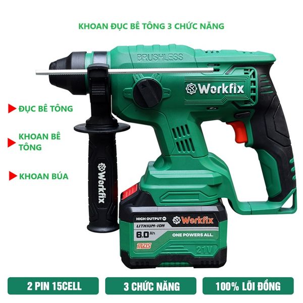 Khoan Đục Bê Tông WORKFIX 2,6J  WF-RH2603, Khoan 3 Chức Năng (KHOAN - BÚA - ĐỤC), Máy Khoan Bê Tông Pin Ba Chức Năng, Khoan Pin 15c 8A