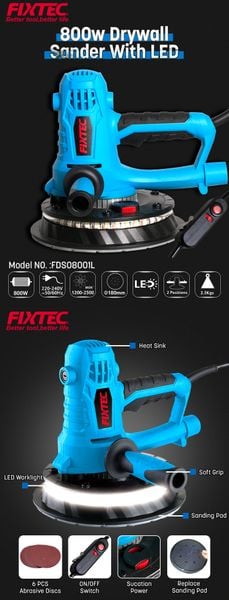 Máy chà tường FIXTEC FDS08001, Máy chà tường có đèn, Máy chà nhám tường,