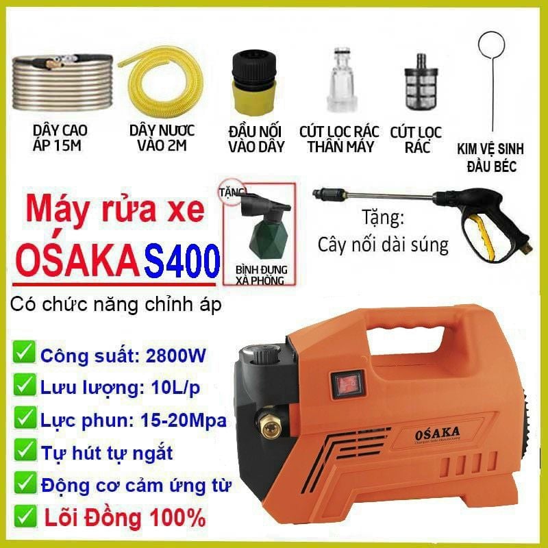  Máy Xịt Rửa Xe OSAKA RS400 2800W (100% dây đồng) Có chỉnh áp, Máy rửa xe gia đình, máy xịt rửa điều hòa, Máy rửa xe honda, Máy rửa xe hukan 