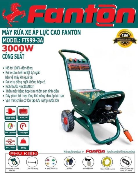 Máy xịt rửa 3000W Fanton, Máy phun nước áp cao, Máy xịt áp lực, Phun xịt áp lực