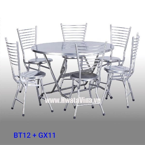 Combo bàn tròn 1,2m + 6 ghế xếp inox dựa lưng GX11 Hwata