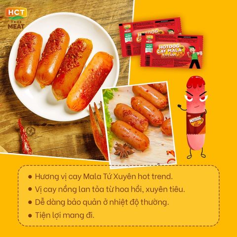  Combo 10 cây Xúc xích hotdog ăn liền vị Cay Mala HCT True Meat 28gx10 cây 