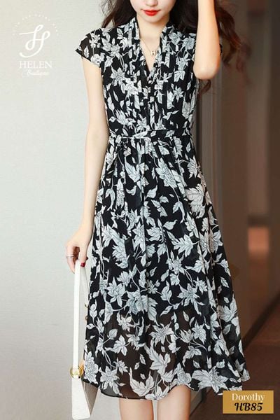 Đầm xòe hoa nhí cổ V nhíu vai tay VVD0819  Vess Thời trang Công sở