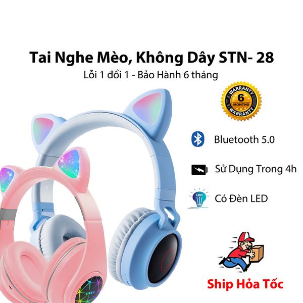 Tai nghe chụp tai STN-28, tai nghe bluetooth 5.0 mèo cute có microm, đèn LED RGB 12 chế độ EQ, âm bass mạnh