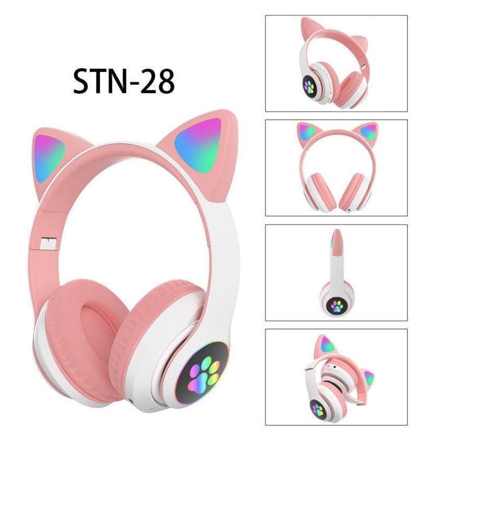 Tai nghe chụp tai STN-28, tai nghe bluetooth 5.0 mèo cute có microm, đèn LED RGB 12 chế độ EQ, âm bass mạnh