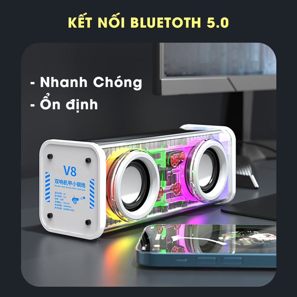 Loa Bluetooth 5.0 Mini V8 Đa Năng Công Suất Đèn Led RGB