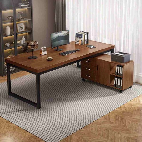 Combo Bàn Kết Hợp Tủ Hồ Sơ Khung Sắt Đen Mặt Gỗ - GM190