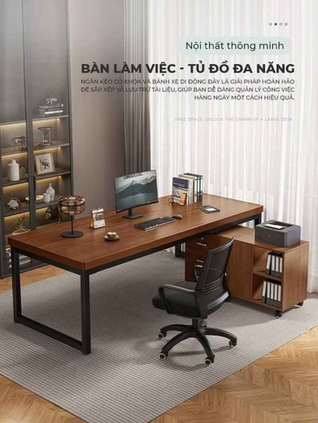 Combo Bàn Kết Hợp Tủ Hồ Sơ Khung Sắt Đen Mặt Gỗ - GM190