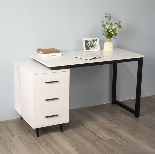 Bàn Làm Việc Kèm Tủ Đồ Khung Đen Mặt Gỗ Trắng Sang Trọng - GM196