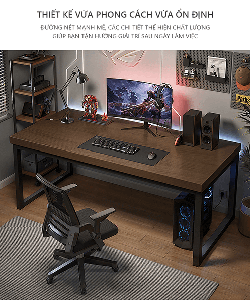 Bàn Gaming Chân Sắt Cao Cấp Mặt Gỗ Óc Chó - GM166