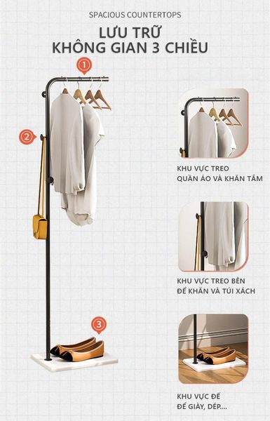 Cây treo quần áo uốn khung đen đế gỗ trắng hiện đại - GM91