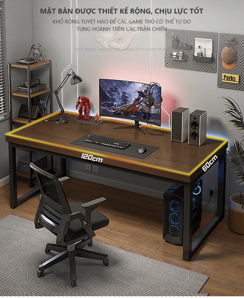 Bàn Gaming Chân Sắt Cao Cấp Mặt Gỗ Óc Chó - GM166