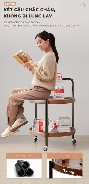 Bàn Trà Di Động 2 Tầng Chân Đen Mặt Óc Chó - GM188