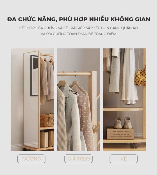 Giá treo quần áo có bánh xe kết hợp gương - GP371