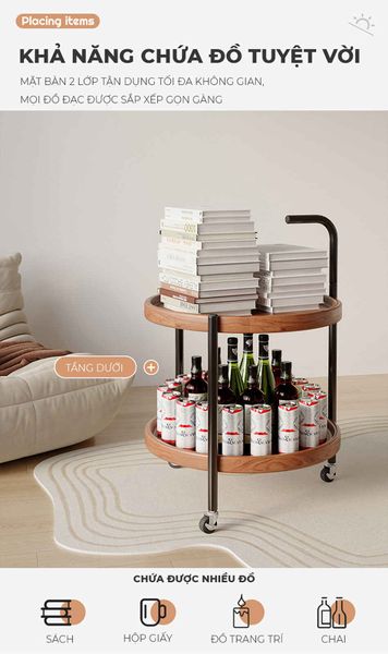 Bàn Trà Di Động 2 Tầng Chân Đen Mặt Óc Chó - GM188