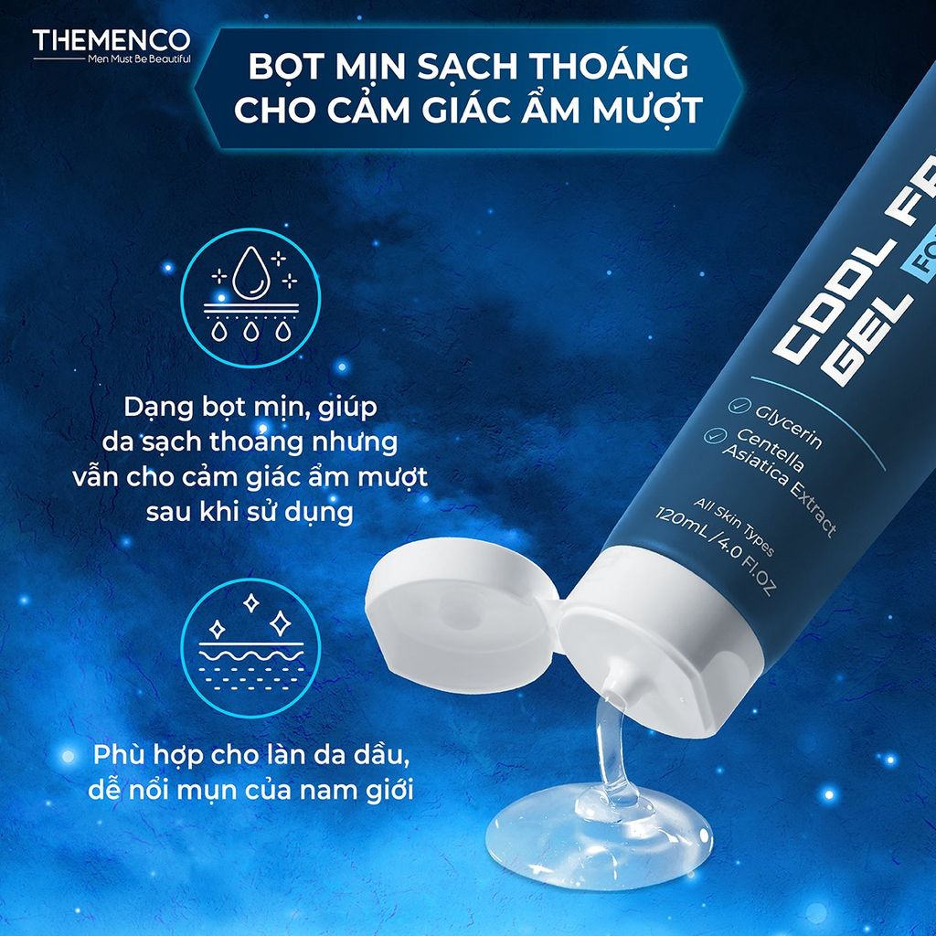 Sữa rửa mặt giúp hỗ trợ làm sạch bụi bẩn, bã nhờn trên da dành cho nam giới Cool Facial Gel 120ml Themenco