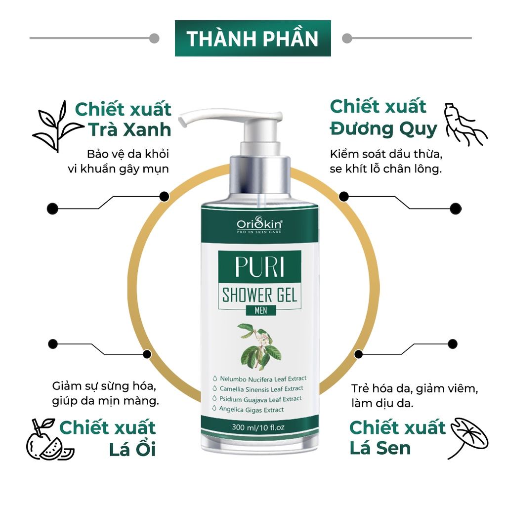 Sữa Tắm Hỗ Trợ Ngăn Ngừa Mụn, Viêm Nang Lông, Làm Sạch Sâu Bụi Bẩn, Dành Cho Nam Oriskin Puri shower Gel 300ml