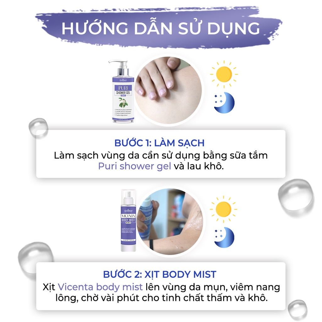 Xịt Mụn Lưng , Ngực , Giảm Mụn Sưng , Mụn Viêm , Mụn Trứng Cá , Giảm Viêm Nang Lông Nữ  Oriskin Vicenta Body Mist  100ml