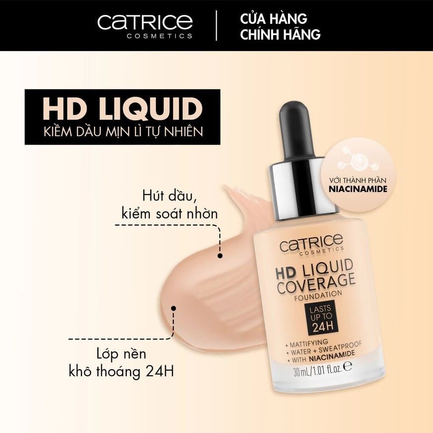 Kem nền Catrice HD Liquid Coverage Foundation che phủ tự nhiên tạo độ mịn màng cho da 30ml