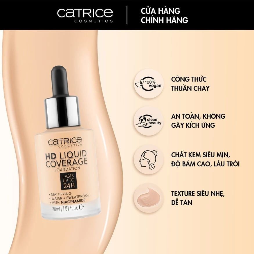 Kem nền Catrice HD Liquid Coverage Foundation che phủ tự nhiên tạo độ mịn màng cho da 30ml