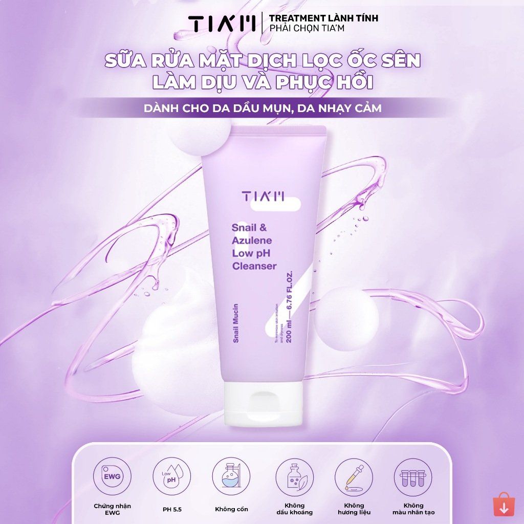Sữa rửa mặt Tiam Snail & Azulene Low PH Cleanser 200ml
