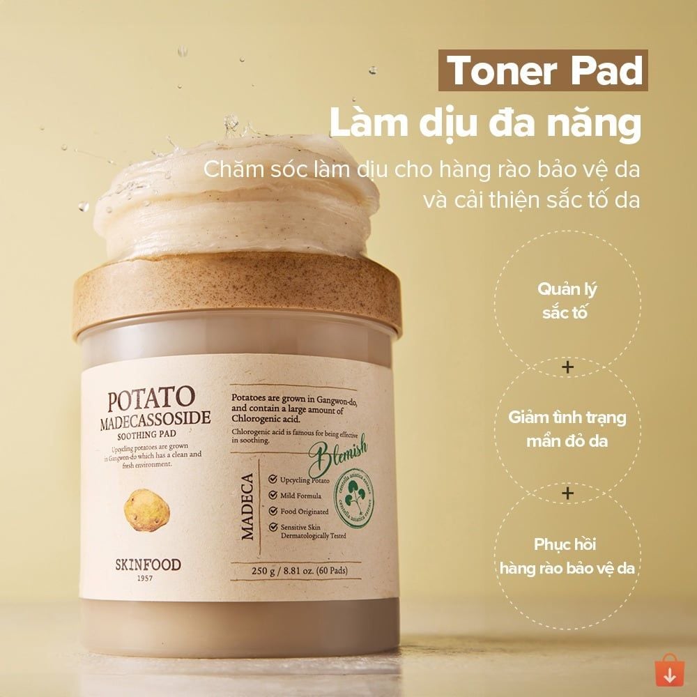 Toner Pad làm dịu và sáng da SKINFOOD Potato Madecassoside (Hộp 60 miếng)