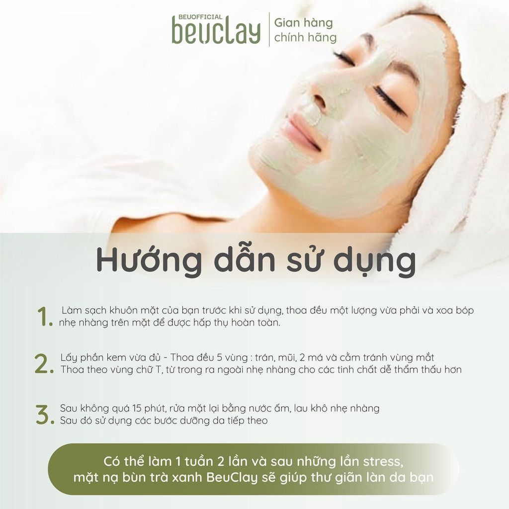 Mặt nạ đất sét BEUCLAY trà xanh sáng da, se khít lỗ chân lông, kiểm soát dầu, hỗ trợ giảm mụn cám mụn đầu đen