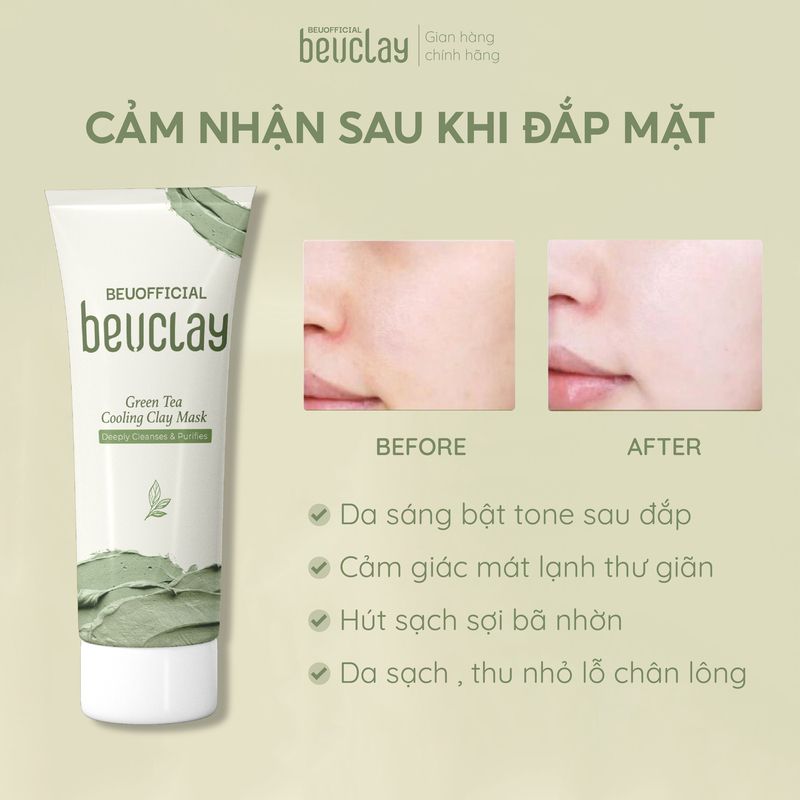 Mặt nạ đất sét BEUCLAY trà xanh sáng da, se khít lỗ chân lông, kiểm soát dầu, hỗ trợ giảm mụn cám mụn đầu đen