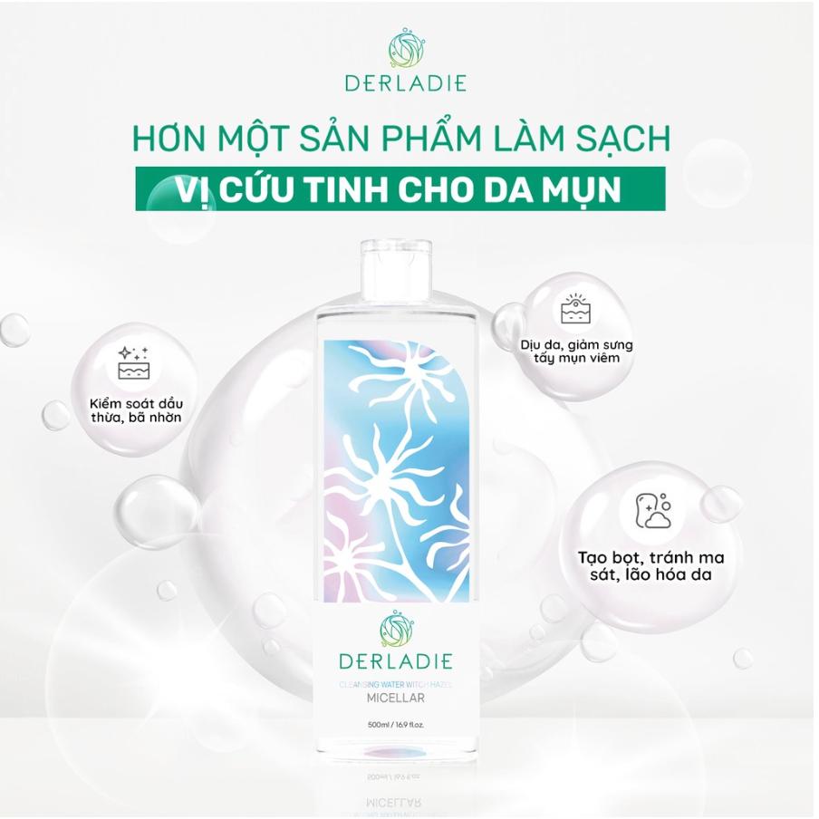 Nước Tẩy Trang Derladie Cleansing Water Witch Hazel làm sạch sâu cho da mụn 50ml/500ml