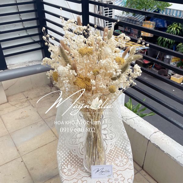  Chậu Thuỷ Tinh Hoa Khô baby, Yarrow, Billy Ball tông trắng vàng xanh natural size lớn ~60cm 