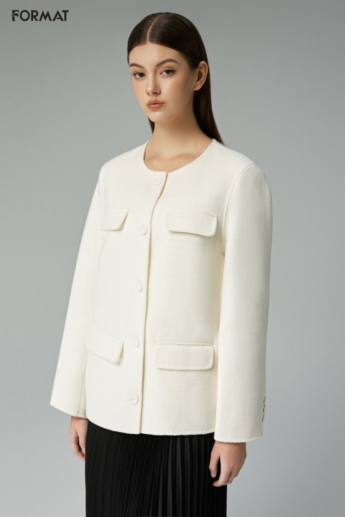 Áo khoác nữ khâu tay dài tay chất liệu dạ Wool pha Cashmere, trang trí nắp túi B973-520N