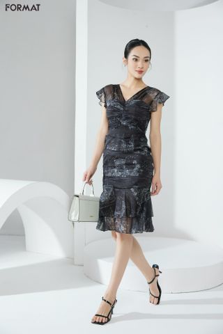 Đầm nữ 2 lớp vai chờm xếp nhún, in họa tiết designed by Format B991-590M