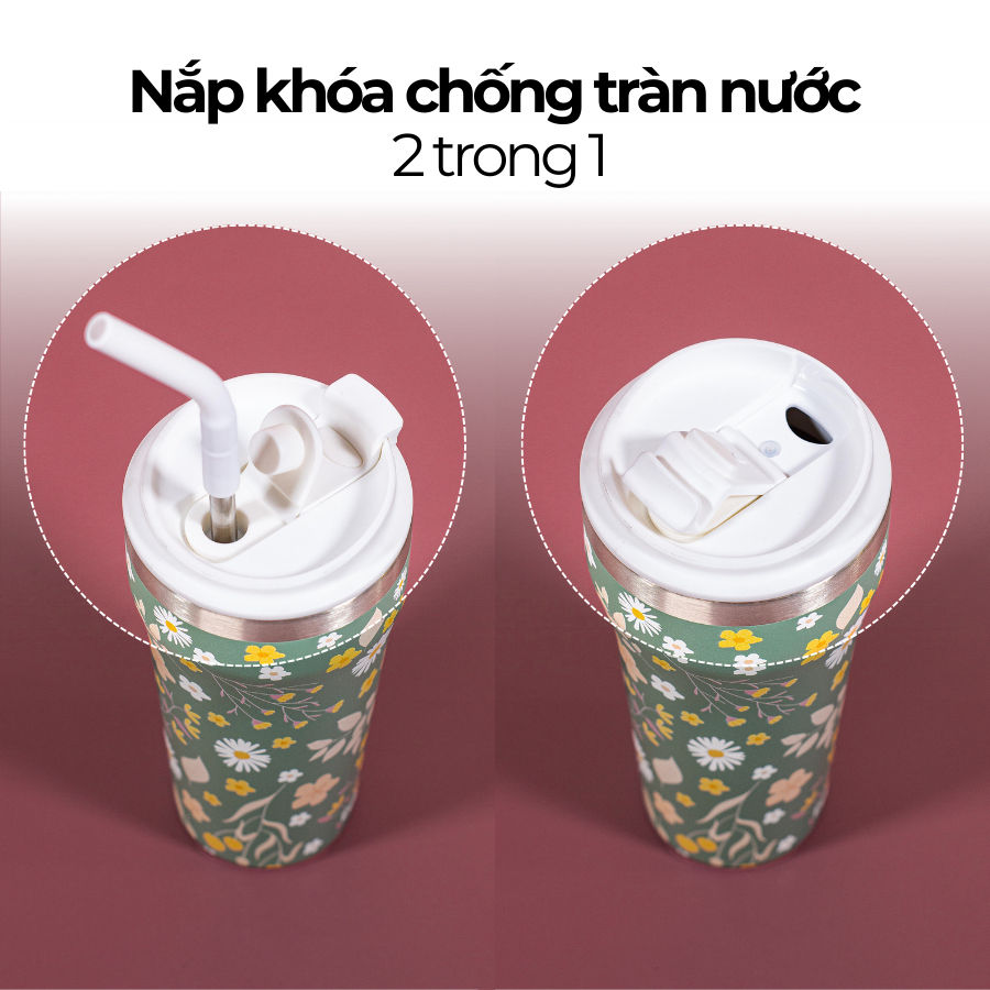 Ly giữ nhiệt, cốc giữ nhiệt EcoFlask 500ml thiết kế hoạ tiết cao cấp chính hãng, inox 304, có ống hút, bảo hành 3 năm