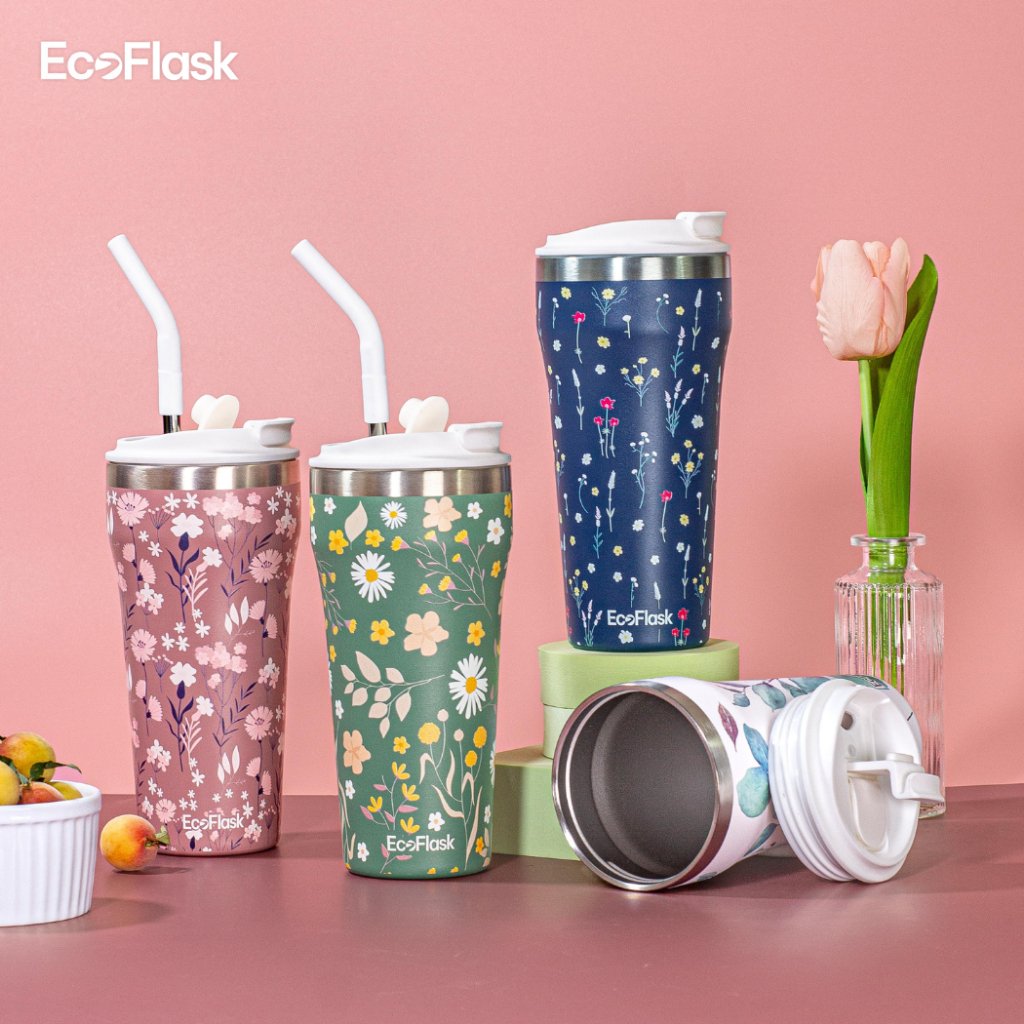 Ly giữ nhiệt, cốc giữ nhiệt EcoFlask 500ml thiết kế hoạ tiết cao cấp chính hãng, inox 304, có ống hút, bảo hành 3 năm