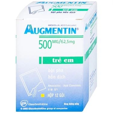  Bột pha hỗn dịch Augmentin 500mg/62.5mg điều trị nhiễm khuẩn cho trẻ em (Hộp 12 gói). 