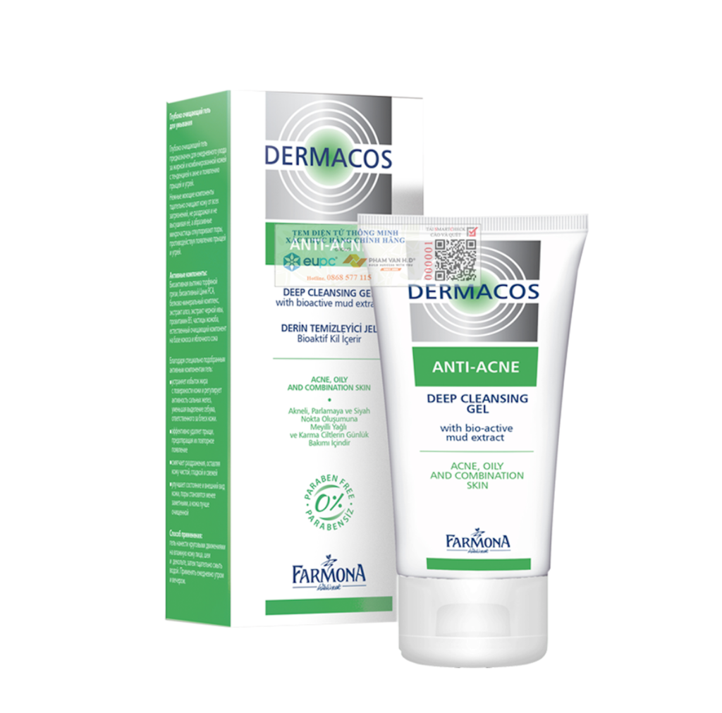  Gel rửa sạch sâu ngừa mụn chứa bùn hoạt tính cho da hỗn hợp, da dầu, da mụn trứng cá Farmona Dermacos Anti Acne Deep Cleansing Gel 150ml 