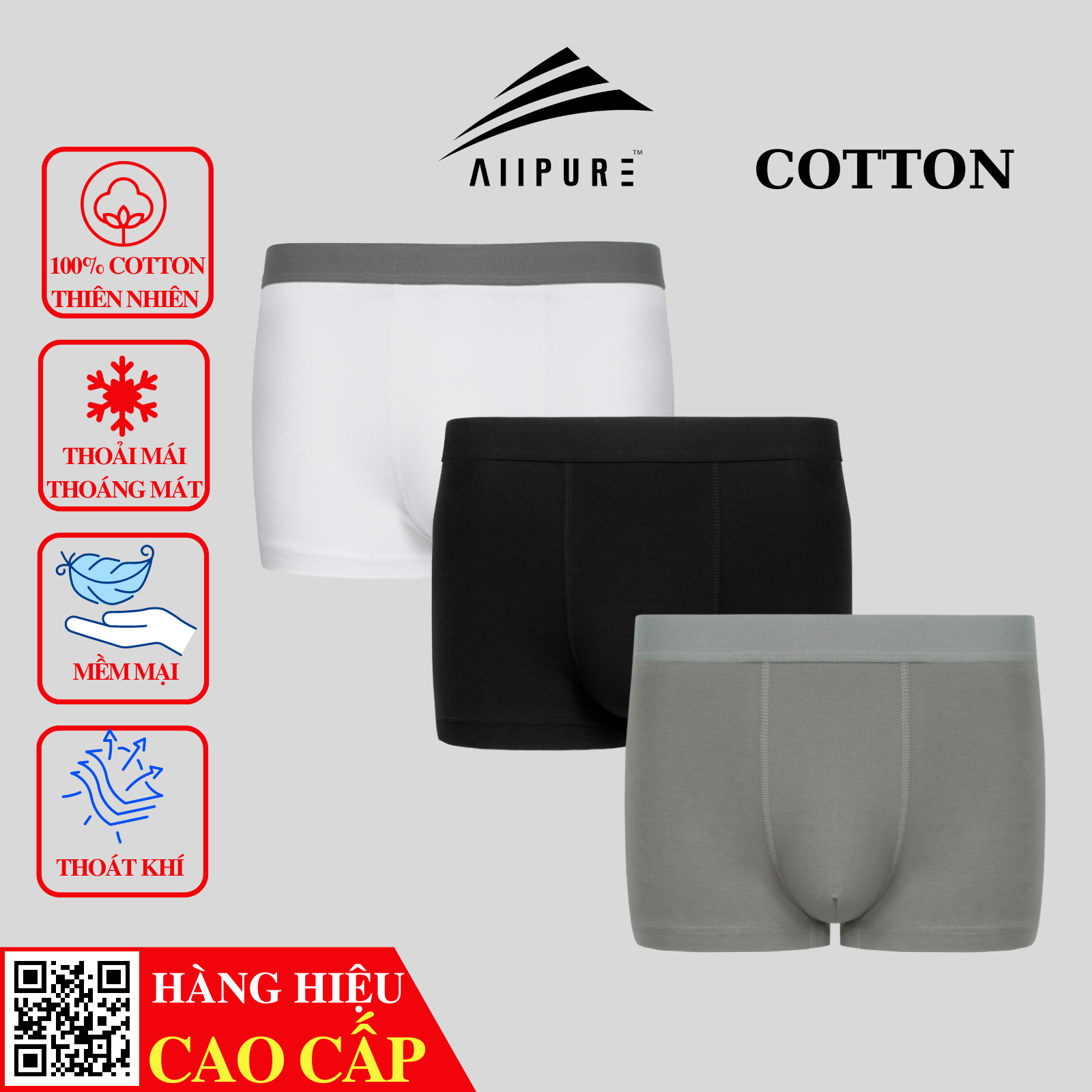  Combo 03 quần lót nam Trunk Cotton Compact co giãn, khử mùi, kháng khuẩn-Trắng-Đen-Xám 