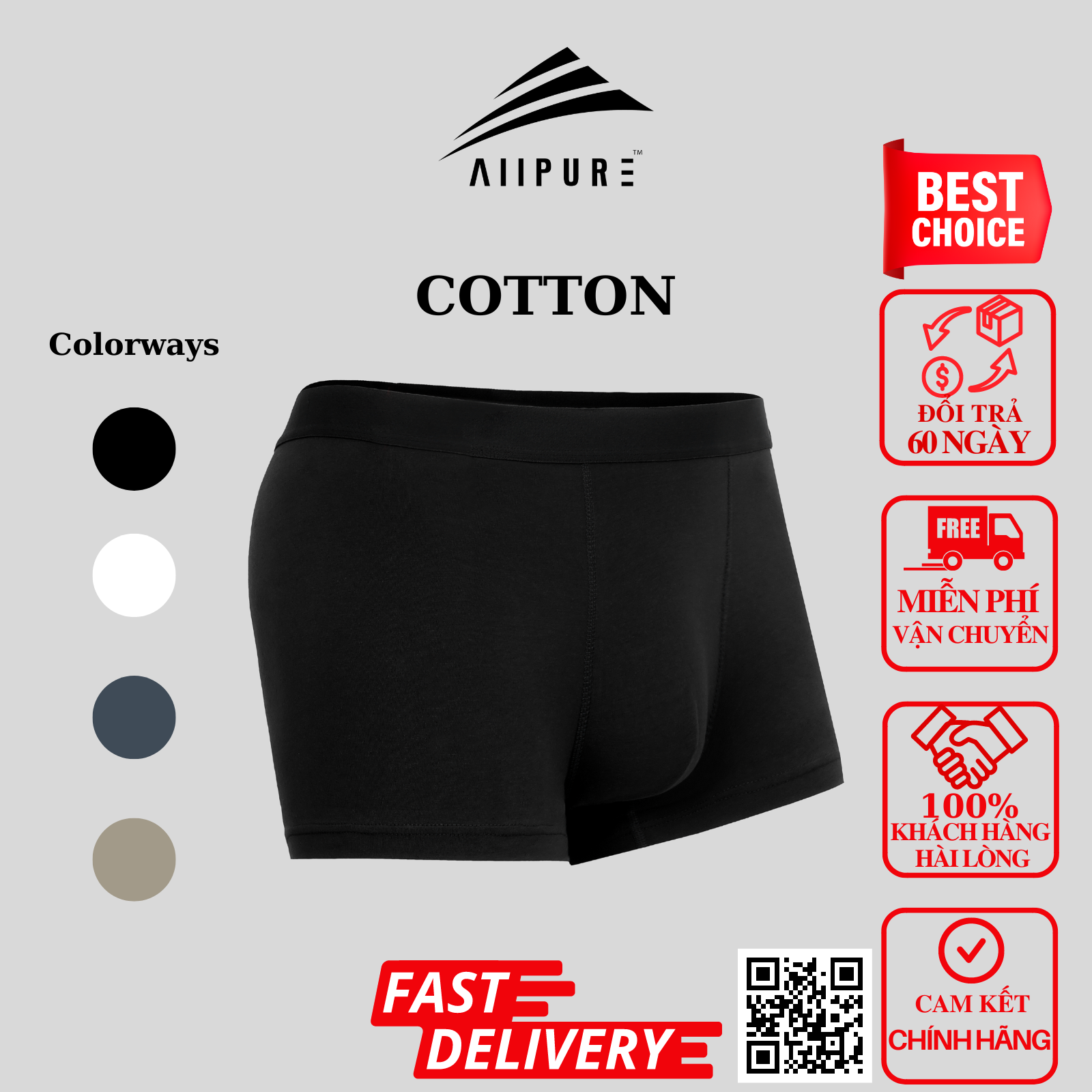  Combo 03 quần lót nam Trunk Cotton Compact co giãn, khử mùi, kháng khuẩn màu Xám-Đen-Xanh 