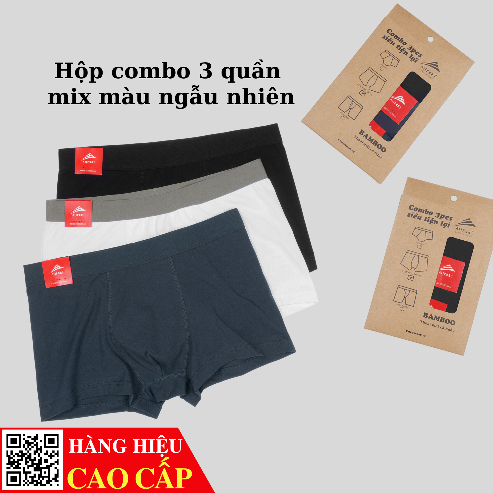  Combo 03 Quần lót nam Trunk Bamboo ALLPURE khử mùi, kháng khuẩn màu-Xanh-Trắng-Xám 