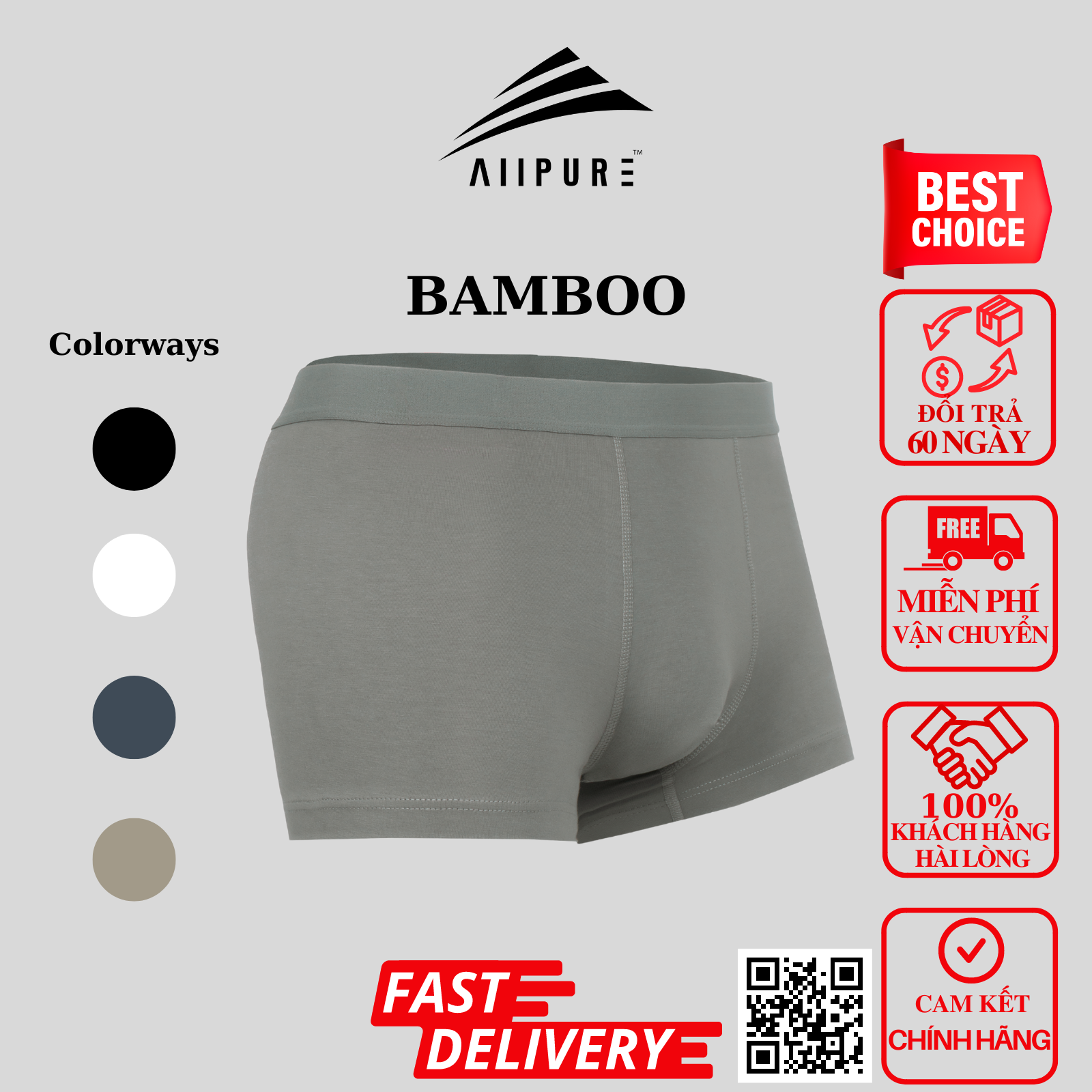  Combo 03 Quần lót nam Trunk Bamboo ALLPURE khử mùi, kháng khuẩn màu Xám-Đen-Xanh 