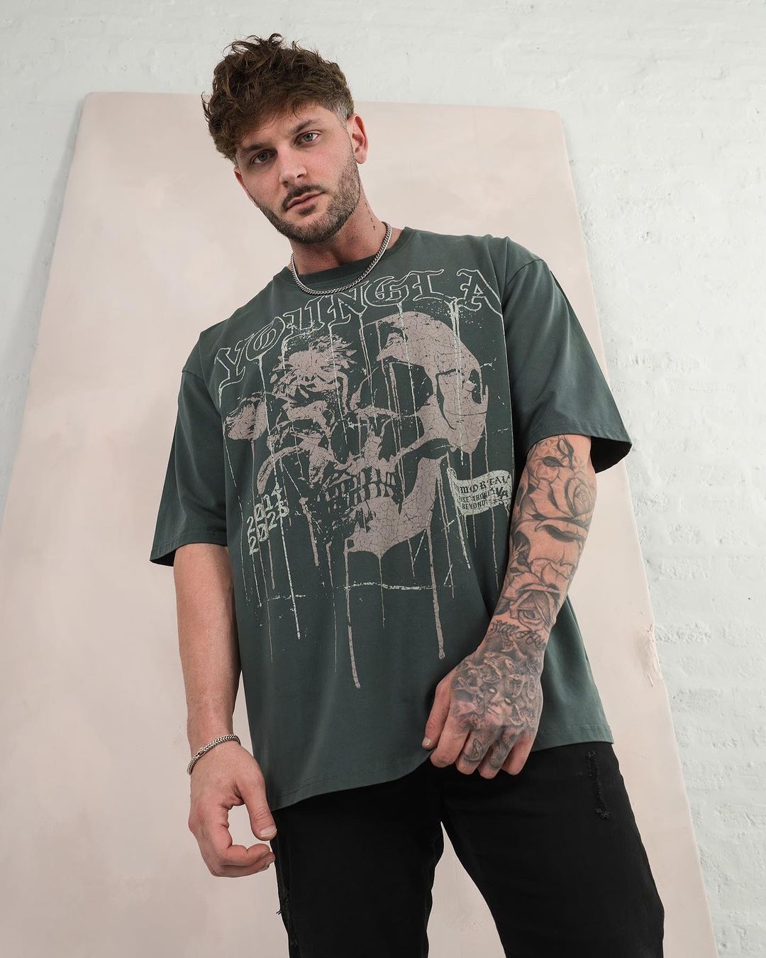  Youngla 4116 - Floral Skull Tees - Forest Green 