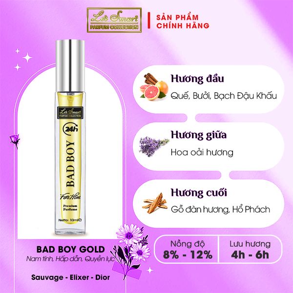 Nước hoa nam life style LE'S SMART BAD BOY 10ml GOLD (gốc hương Sauvage - Elixir - Dior)