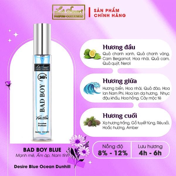 Nước hoa nam life style LE'S SMART BAD BOY 10ml BLUE (gốc hương Desire Blue Ocean Dunhill)