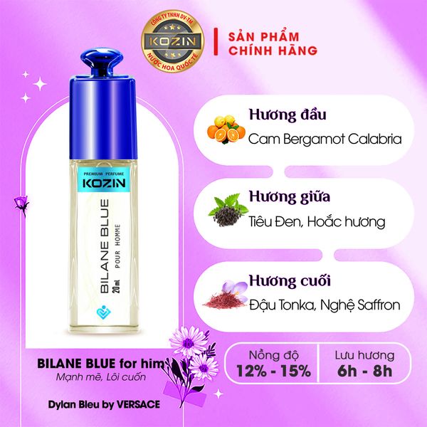 Nước hoa nam Life Style KOZIN BILANE BLUE 20ml (gốc hương Dylan Bleu by Versace)