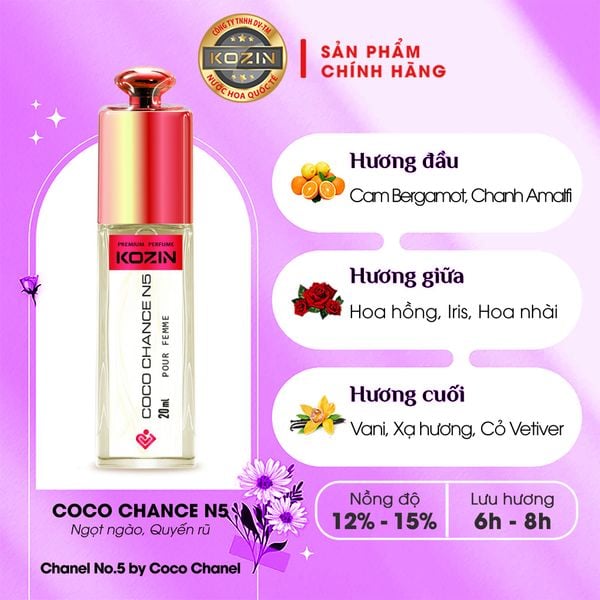 Nước hoa nữ Life Style KOZIN COCO CHANCE N5 20ml (gốc hương Chanel N0.5 by Coco Chanel)